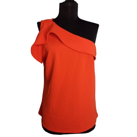 New York & Company 7th Avenue Size M Top One Shoulder Ruffle Orange NEW - Picture 1 of 8